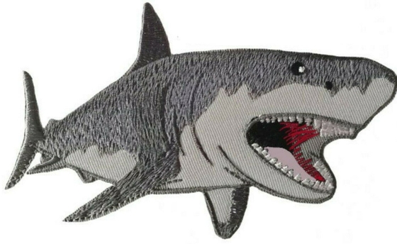 El tiburón de Great White bordó el hierro del remiendo en fondo de la tela de la tela cruzada del Applique